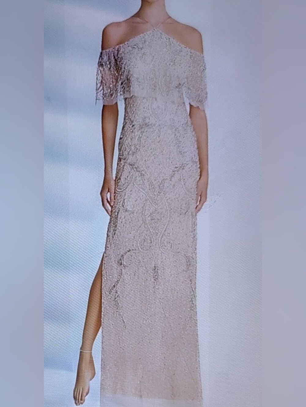 NWT Aidan Mattox Champagne Cold-shoulder Embellished Elegant Gown Sz 2